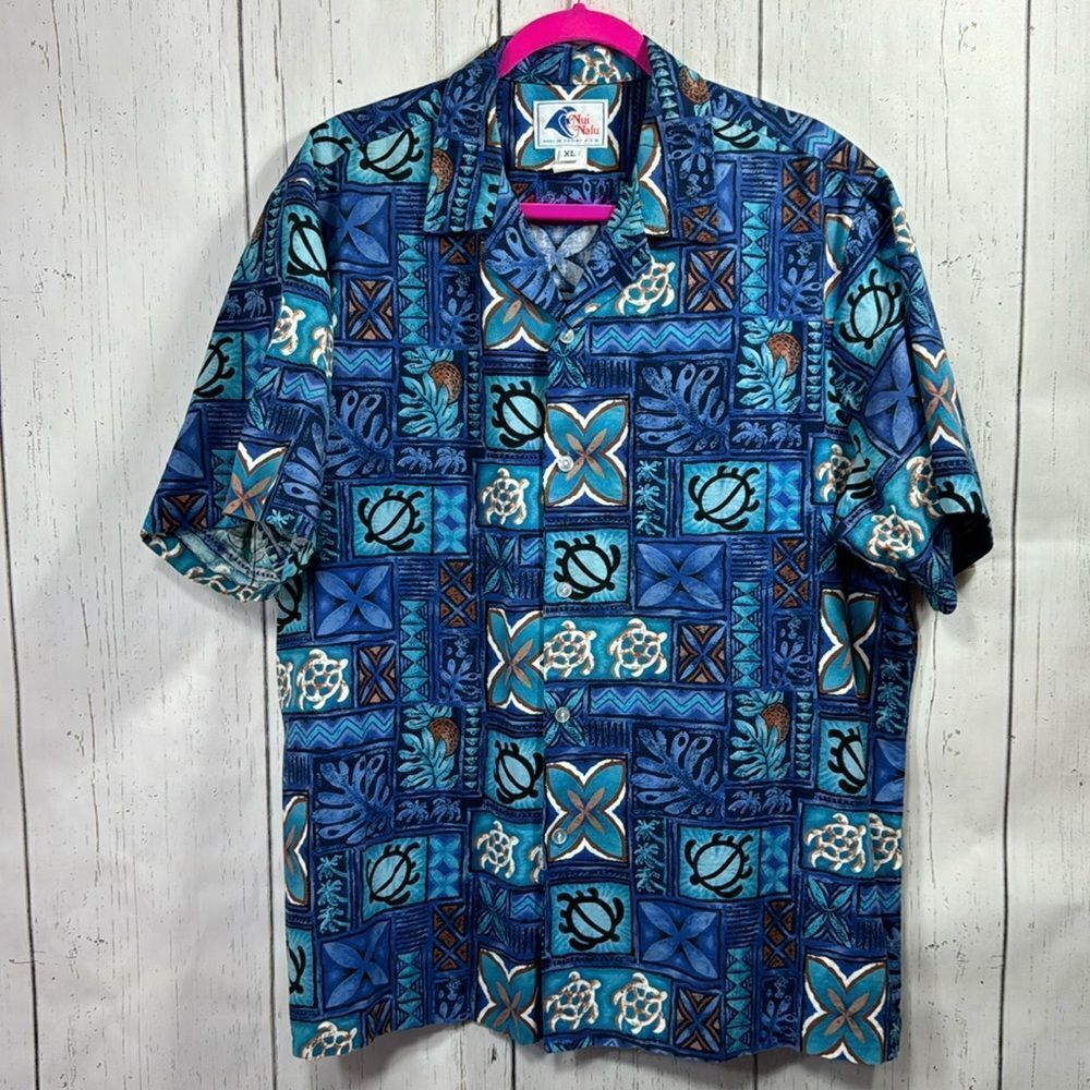 Nui Nalu Mens Hawaiian Tribal Short Sleeve Cotton Blue Casual Collared Shirt